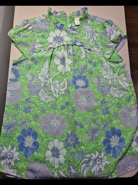 Joie Floral Blouse Green Blue Ruffle Short Sleeve Women’s Petite Small